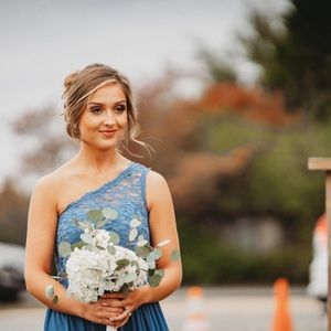 David’s Bridal Steel Blue dress. Tag says size 8, but has been altered to a 4.